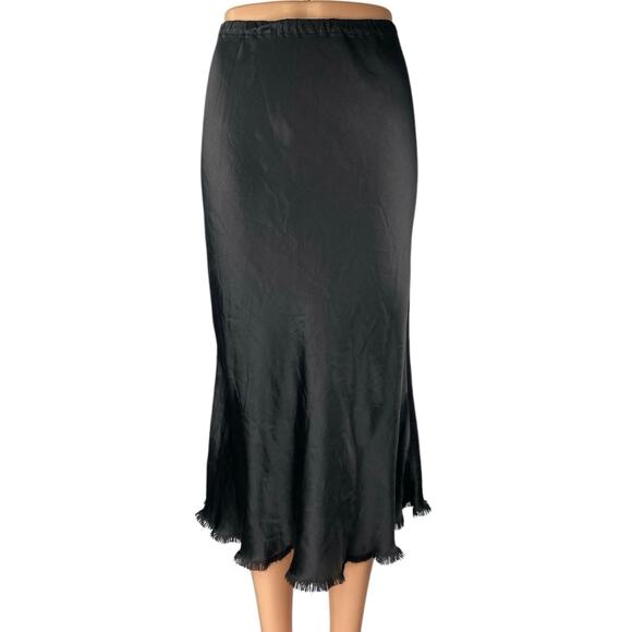 Pharaoh Riley Black Silky Satin Fringe Elastic Waist Pull On Midi A-Line Skirt 1 - Picture 1 of 5